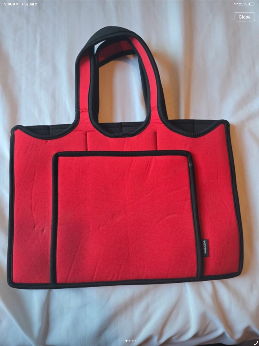 Red Neoprene (6-Pack) Koozie Tote Bag Features Black Trim & Exterior Pocket